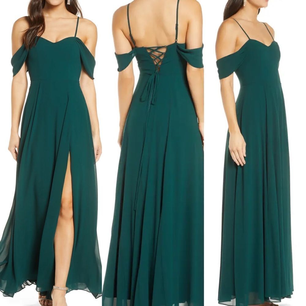 Cold Shoulder Tie Back Crepe Gown NEW Green
